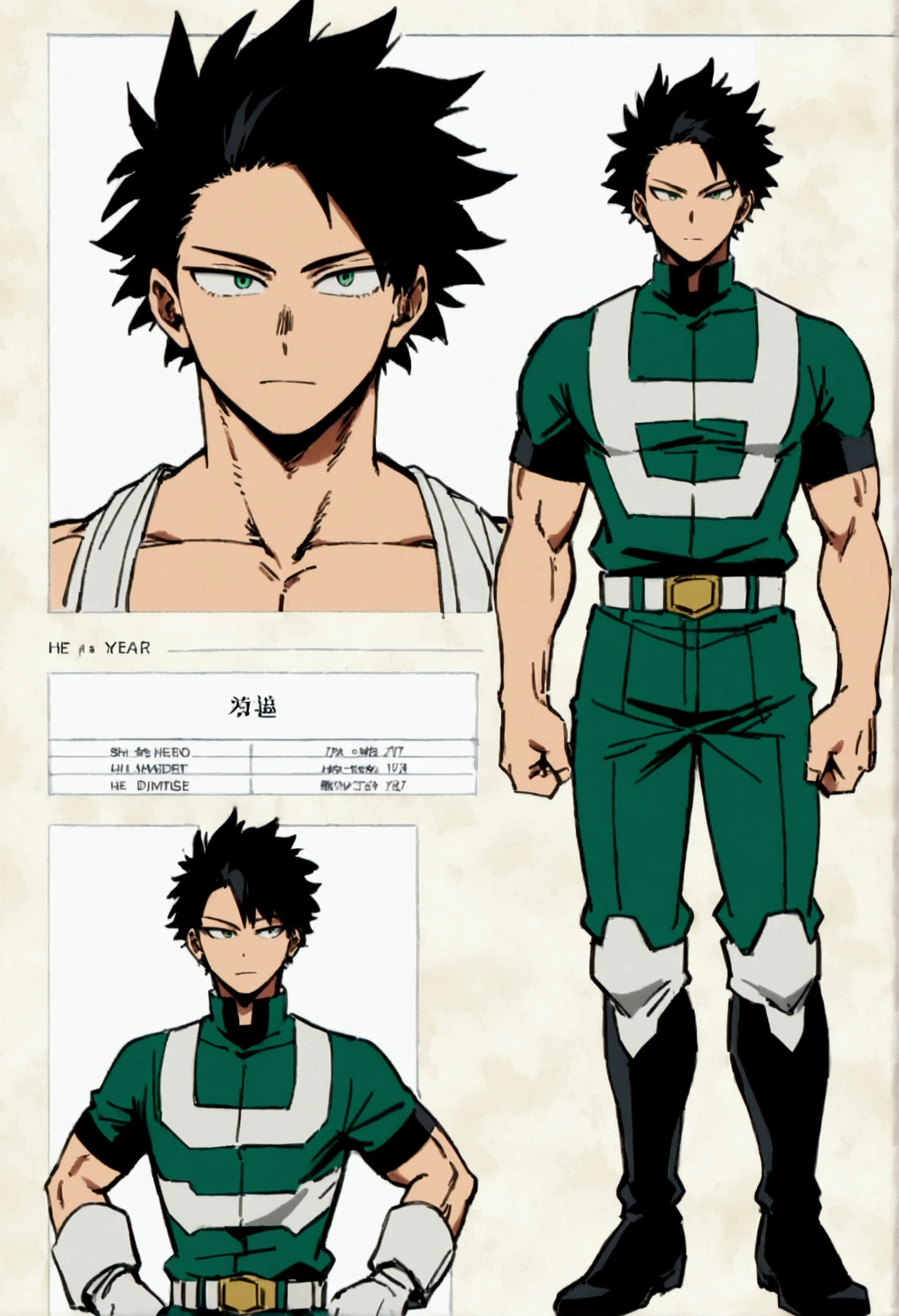 Caracter sheet, (front and back angle ) He is a 17 year old teenager, He has slightly disheveled very black hair..., somewhat light green eyes, , muscular body , sexy face, He is dressed in the anime male uniform "my hero academia" 