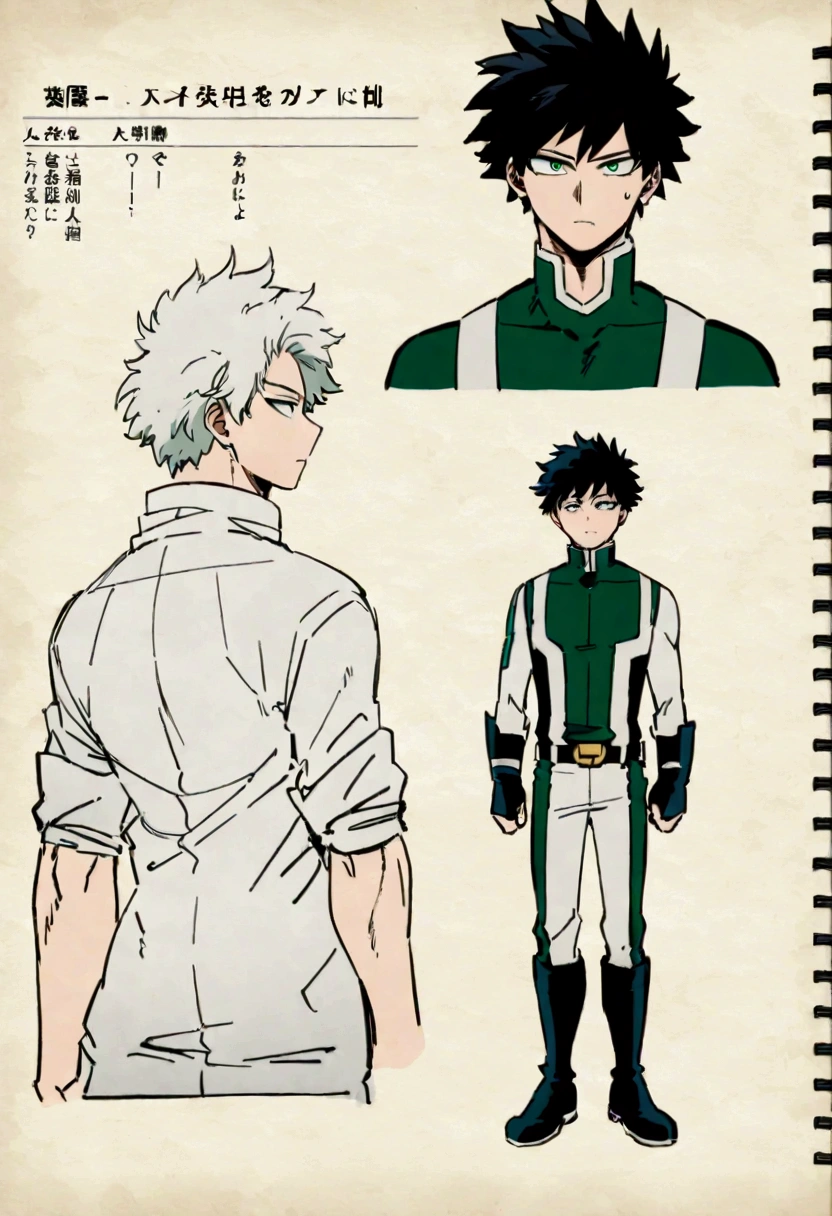 Caracter sheet, (front and back angle ) He is a , He has slightly disheveled very black hair..., somewhat light green eyes, , muscular body , sexy face, He is dressed in the anime male uniform "my hero academia" 