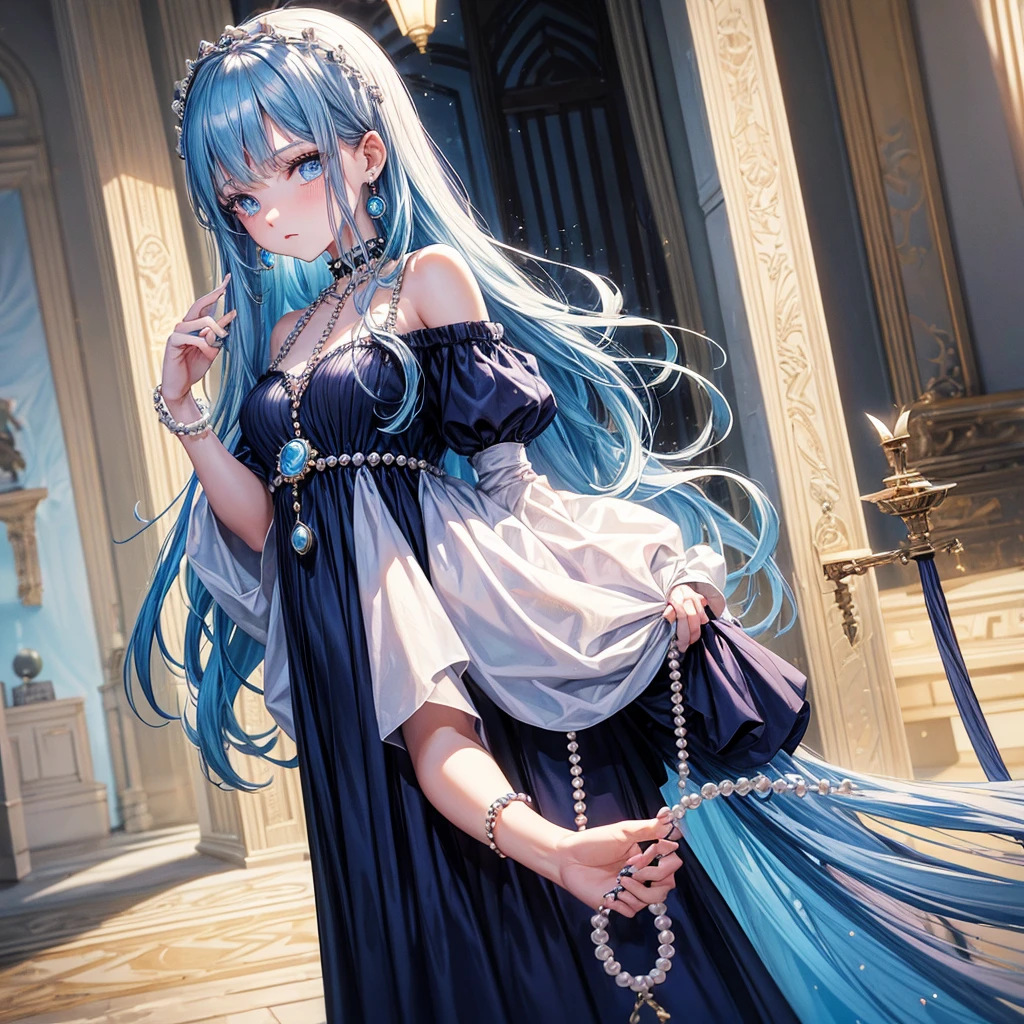 Make me a picture: Painel comics da Marvel AI, young girl with long straight Jelly Bean blue hair, Caucasian skin, light blue eyes with droopy shape, with earrings, rings and chokers, dressed in a long navy blue dress with shiny pearls, it would be walking through a palace.