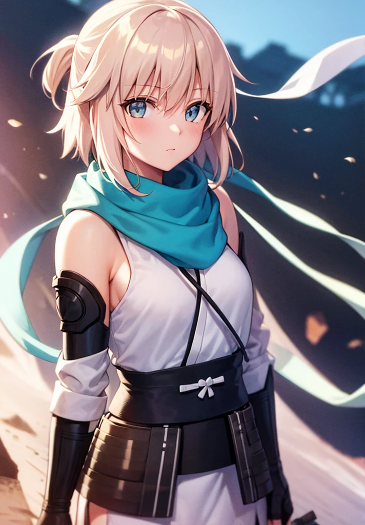 Best Quality, 1 girl, alone, okita_souji, white kimono, scarf, cowboy photography, outdoor, bare shoulders, bare shoulders, sleeveless, looking at the viewer,