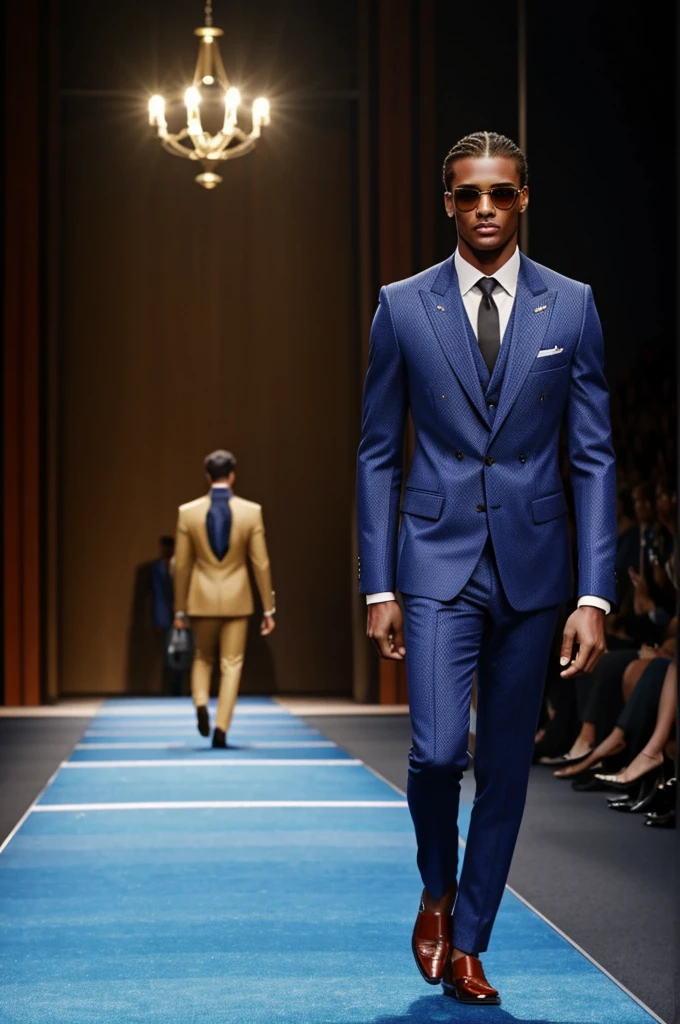 The australian model Jordan Barret on a runway with gucci suit on