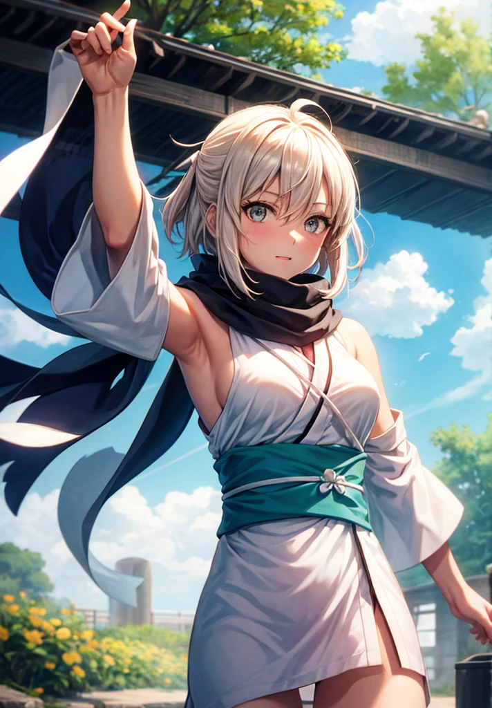 Best Quality, 1 girl, alone, okita_souji, white kimono, scarf, cowboy photography, outdoor, bare shoulders, bare shoulders, sleeveless, looking at the viewer, 