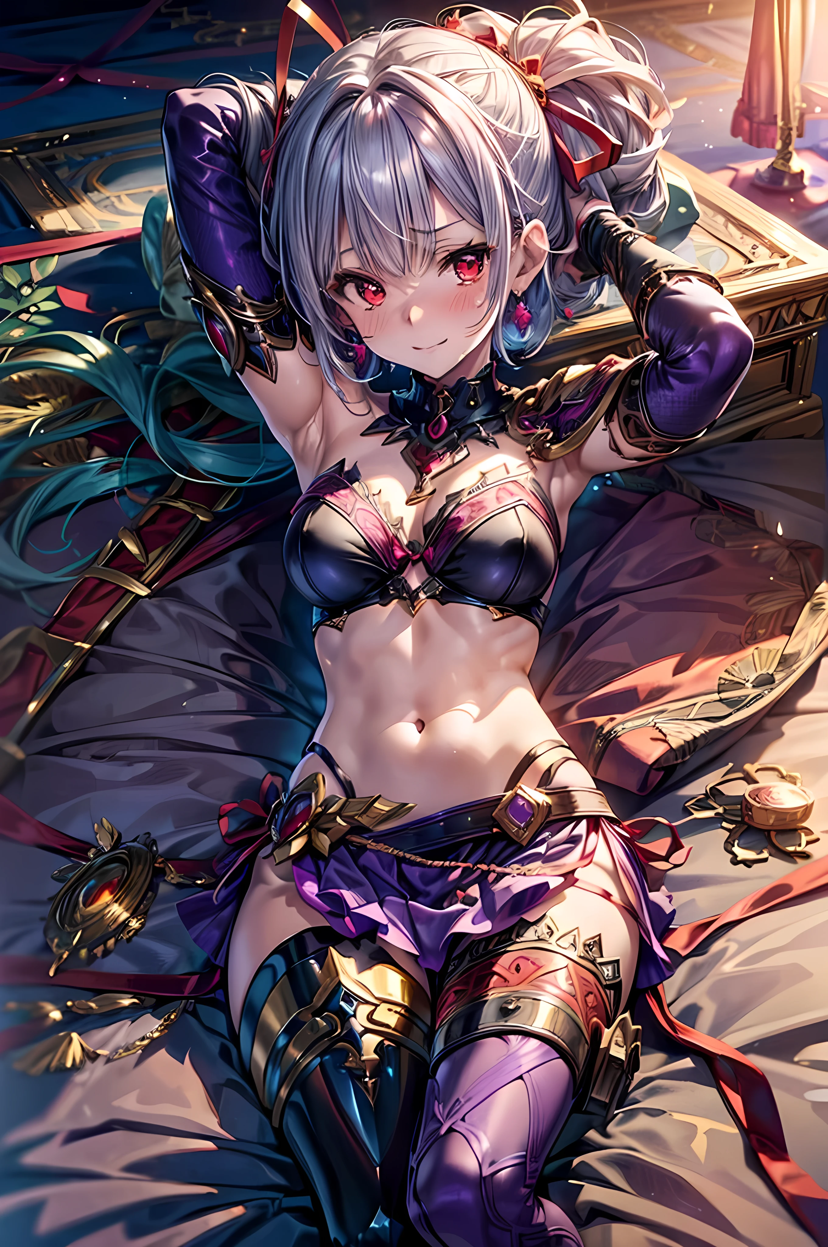 1 Beautiful girl with an anime face, (kamaloli), (kamacostume), fgolike, (Perfect Anatomy), (Hide your hands behind your head:1.2), Beautiful Skin, hair ribbon, (Red eyes:1.5), red ribbon, ribbon, short Hair, Gray Hair, BREAK Armlet, Exposing shoulders, Bikini Armor, bracelet, collar, Removable sleeves, dress, earrings, Floral print, jewelry, metal collar, miniskirt, Pelvic Curtain, purple dress, purple skirt, Purple sleeves, purple Knee socks, ring, skirt, Knee socks, Thigh pads, BREAK Watch Viewers,( Indoor rest), (Bed Break) (masterpiece:1.2), Highest quality, High resolution, unity 8k wallpaper, (figure:0.8), (Beautiful attention to detail:1.6), Highly detailed face, (Blushing), Embarrassed expression, While confused, tears, (A sloppy smile:1.2), Open your mouth, I&#39;m worried, Very cute, Perfect lighting, Highly detailed CG, Tempting, BREAK (Heart effect:1.2) BREAK,