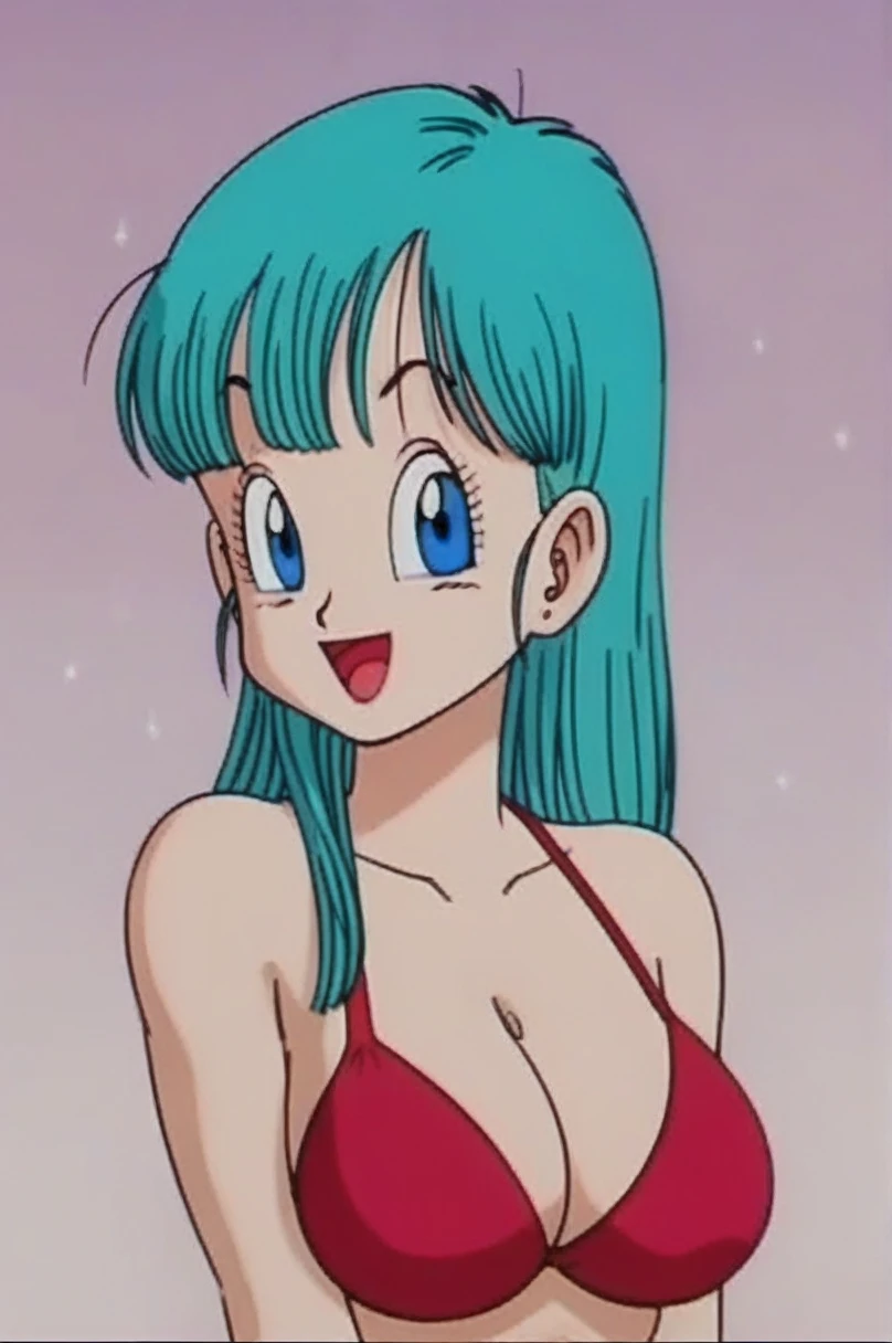 source_anime, score_9, score_8_up, score_7_up, anime screencap, 
bulma \(dragonball\), 1girl, solo, long hair, looking at viewer, bangs, squinting, blue eyes, red bikini, standing, upper body, moaning, horny facial expression, slutty, sexy, aqua hair, collarbone, arms by side, fingernails, big breasts, raised eyebrows, eyebrows, eyelashes,
 