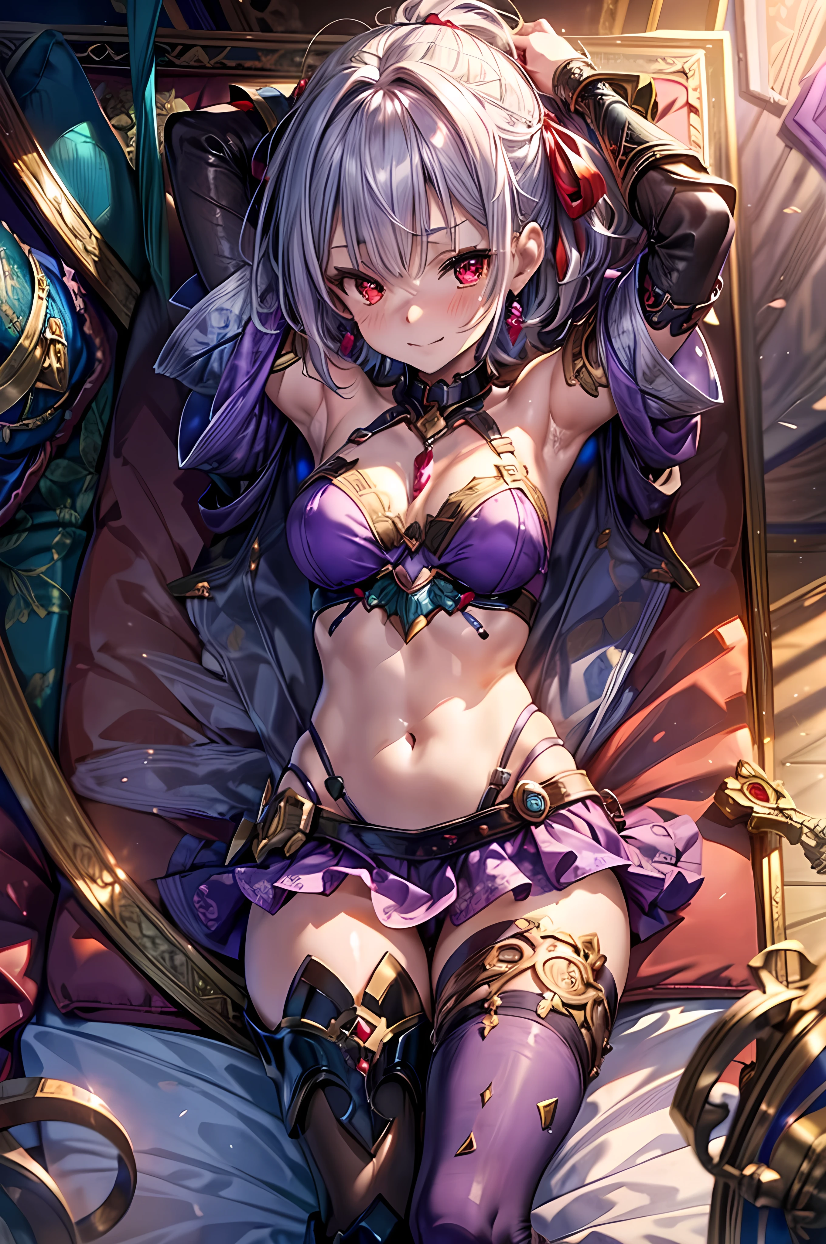 1 Beautiful girl with an anime face, (kama****), (kamacostume), fgolike, (Perfect Anatomy), (Hide your hands behind your head:1.2), Beautiful Skin, hair ribbon, (Red eyes:1.5), red ribbon, ribbon, short Hair, Gray Hair, BREAK Armlet, Exposing shoulders, Bikini Armor, bracelet, collar, Removable sleeves, dress, earrings, Floral print, jewelry, metal collar, miniskirt, Pelvic Curtain, purple dress, purple skirt, Purple sleeves, purple Knee socks, ring, skirt, Knee socks, Thigh pads, BREAK Watch Viewers,( Indoor rest), (Bed Break) (masterpiece:1.2), Highest quality, High resolution, unity 8k wallpaper, (figure:0.8), (Beautiful attention to detail:1.6), Highly detailed face, (Blushing), Embarrassed expression, While confused, tears, (A sloppy smile:1.2), Open your mouth, I&#39;m worried, Very cute, Perfect lighting, Highly detailed CG, Tempting, BREAK (Heart effect:1.2) BREAK,