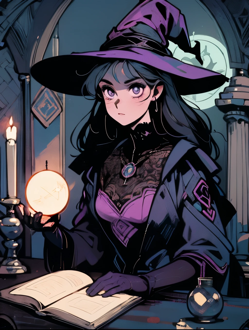 depicts a modern-day witch who has embraced the world of cybernetics to enhance her magical abilities. The artwork should convey the enchanting blend of traditional witchcraft and futuristic technology. Here are some specific elements to include: The Witch's Lair: The setting should be a cozy yet slightly eerie room, filled with magical books, crystal balls, potion ingredients, and antique furnishings. The room should be dimly lit by candles and a soft, mystical glow emanating from her cybernetic enhancements. The Cyborg Witch: The central focus of the artwork is the witch herself. She's a striking figure with a mix of traditional witch attire and cybernetic enhancements. Her clothing should have a witchy, occult aesthetic, with flowing robes, a pointed hat, and an intricate pentagram necklace. Her arms, however, have been upgraded with cybernetic components that incorporate magical symbols and glowing runes. Magical Interface: The witch is in the midst of casting a spell, with a holographic, touch-screen interface floating before her. This interface includes spell incantations, arcane symbols, and digital components, demonstrating her fusion of magic and technology. Spell Ingredients: On a nearby table, there should be a collection of spell ingredients, like herbs, potions, and magical artifacts. Some of these items may have been modified with cybernetic enhancements, blurring the line between the natural and the technological. Familiar: The witch's familiar, perhaps a cat or raven, should be present in the scene, serving as her magical companion. The familiar could also have subtle cybernetic enhancements or glowing eyes. Glowing Runes: The room should be adorned with ancient symbols and glowing runes on the walls and floor, contributing to the magical atmosphere. Aetherial Lighting: Use a combination of mystical, ethereal lighting and cybernetic glows to create a captivating interplay of light and shadow. The contrast between the tradit