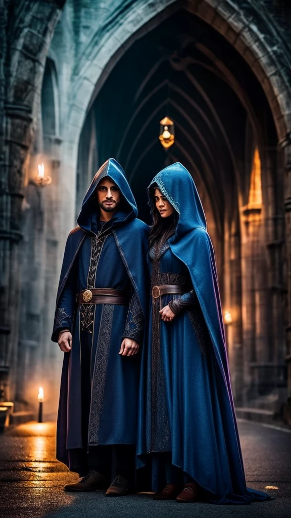 wizard couple, magic all around, both with hood, darkness background, faces not visible 