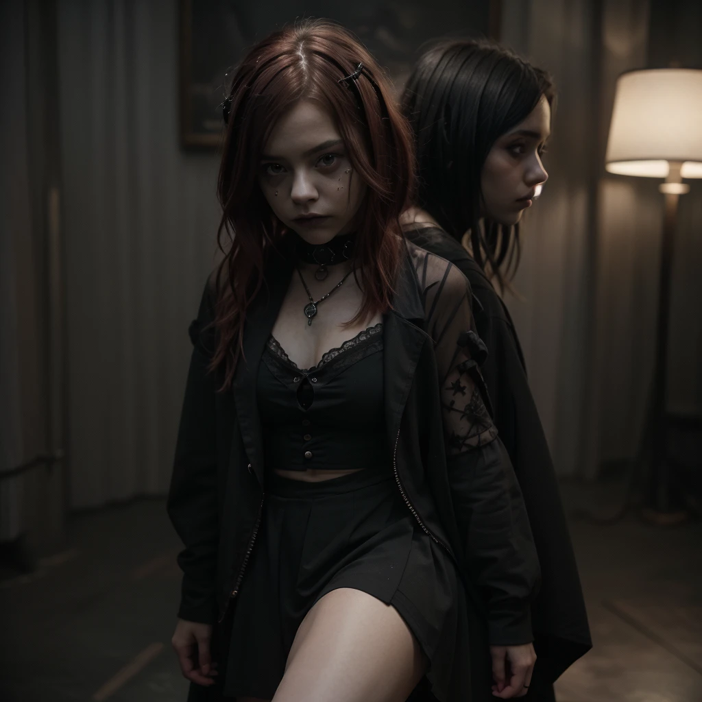 13 year old young sexy girl, red mushroom-shaped hair in gothic style, similar to Chloë Grace Moretz, two-piece goth dress, mini skirt, high quality, perfect hands, super detailed full body shot, detailed facial features, dark moody atmosphere, Renaissance painting style, dramatic lighting, cinematic, muted color palette, chiaroscuro