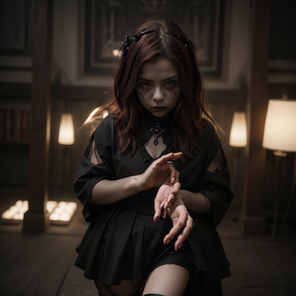 13 year old young sexy girl, red mushroom-shaped hair in gothic style, similar to Chloë Grace Moretz, two-piece goth dress, mini skirt, high quality, perfect hands, super detailed full body shot, detailed facial features, dark moody atmosphere, Renaissance painting style, dramatic lighting, cinematic, muted color palette, chiaroscuro