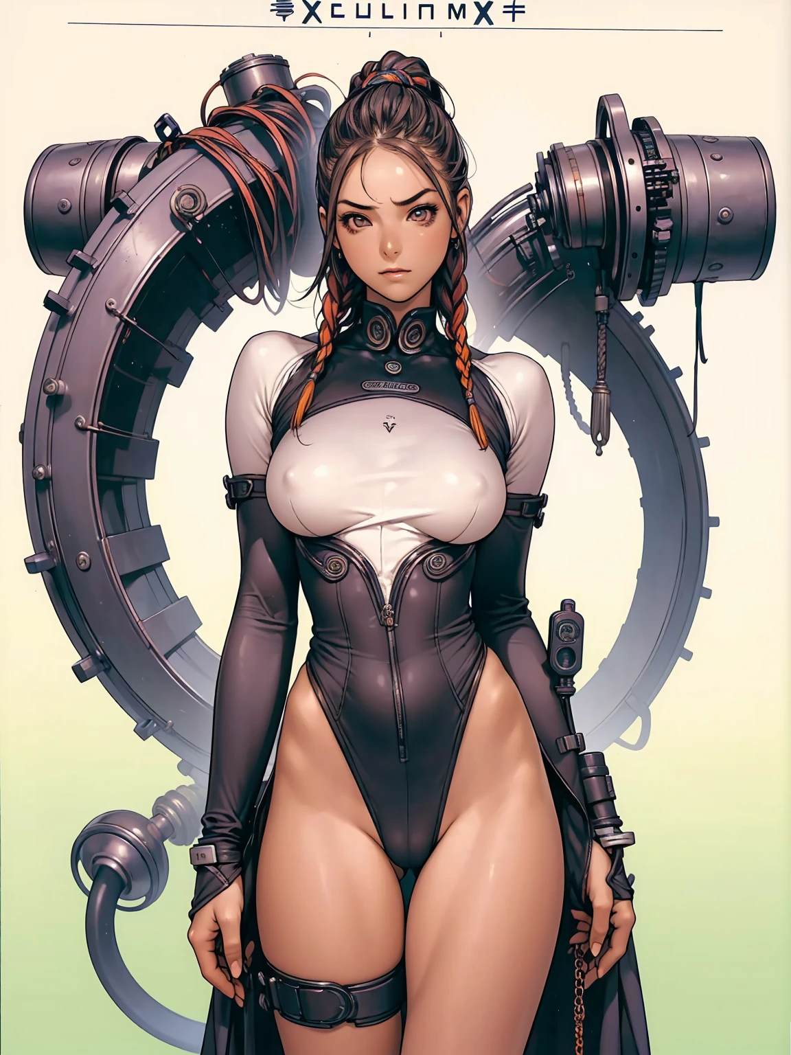 (((best final quality))), ssmile(((standing alone:1.2))),(((1 girl:1.2))),((((beautiful perfect woman)))),(((perfectbody detalhado, perfect finger detailed))),((((((final film poster)))))),(((to burst, close up))),((((detailed complicated machine)))),(((((mechanical genius))))),(((American comics))),(((extreme highlights))),(((extremely colorful, primary colours))),neckleace, super beautiful lady,(((Typography))),text, (Unbeatable masterpiece), (hiper HD),(CG 8k hyper-realistic), (((brave face))), (((breasts big))), (((hyper feminine))), (((musclegirl))), sexly girl, king of fighter,（straight hair with thin braids)), ((( sculptural body ))), (((1 girl))), garota de 25 anos com perfectbody,,Beautiful and well-groomed face,muscular body:1.2,solid color detailed jacket, (Head to thigh photos), Complex equipment, (((standing alone))), pirralha violent, ((())), sexly, pose de atitude, work of art, post-apocalypse, (((manga style))), bounty hunter, violent, Manic, the way you want, slenderbody, thin but strong, perfectbody, roupa moderna, advanced technology, neon, sleeves with vertical striped pattern, intricate background, (( cowboy shot )). intricate visual