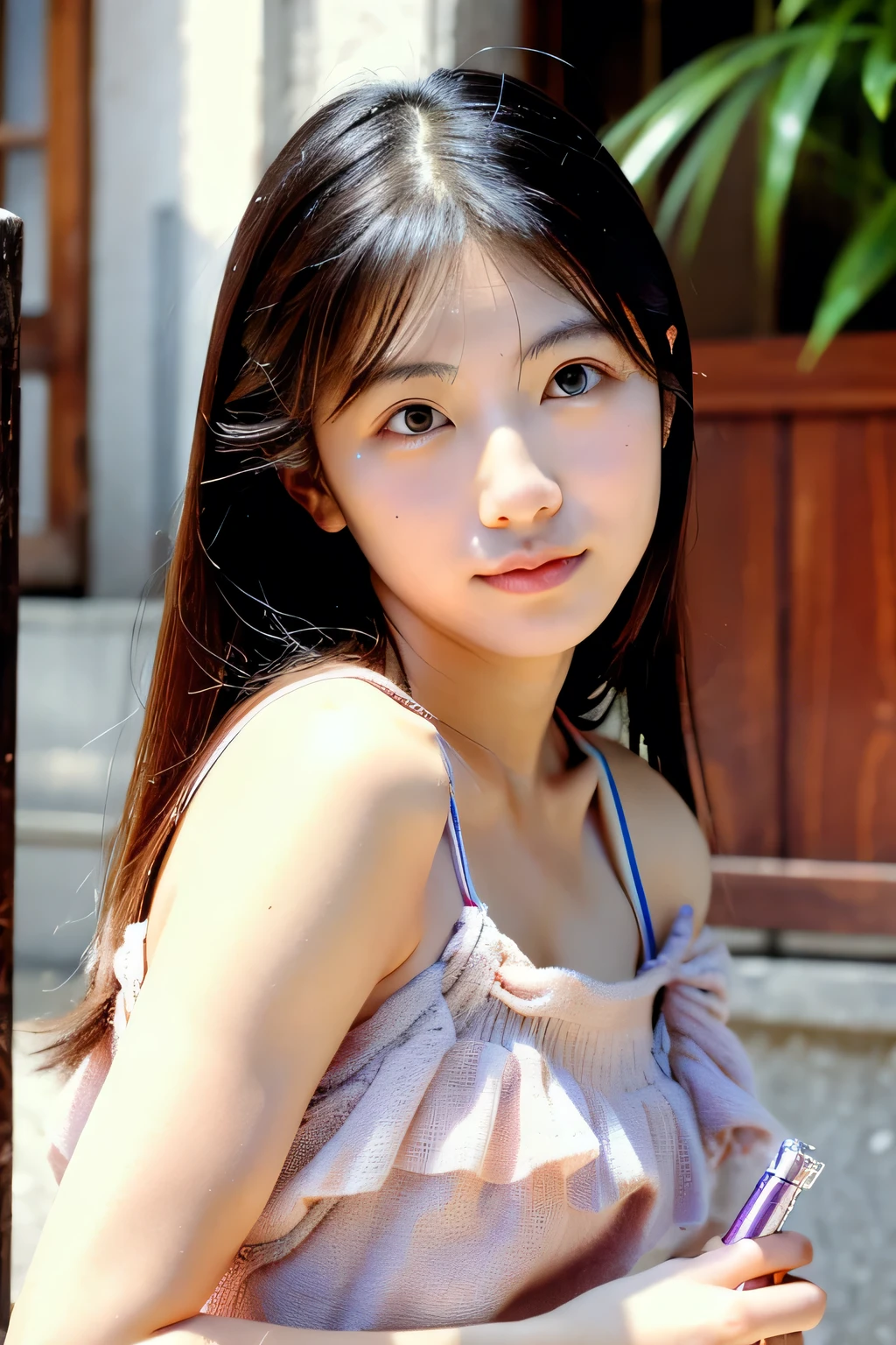 (Best-quality, Masterpiece, Ultra-High-Resolution, (Photorealistic:1.4), Raw-Photo, 64K, depth of field, professional lighting, perfect anatomy, extremely details), at park, sunny, beautiful sunlight, clear sky, ((from below):1.3), 1girl, 15-years-old, the most famous Japanese idol, standing on park, wearing white casual-dress, extremely cute thighs, ((extremely cute and extremely big eyes)), ((extremely beautiful skins)), looking down, innocent smile