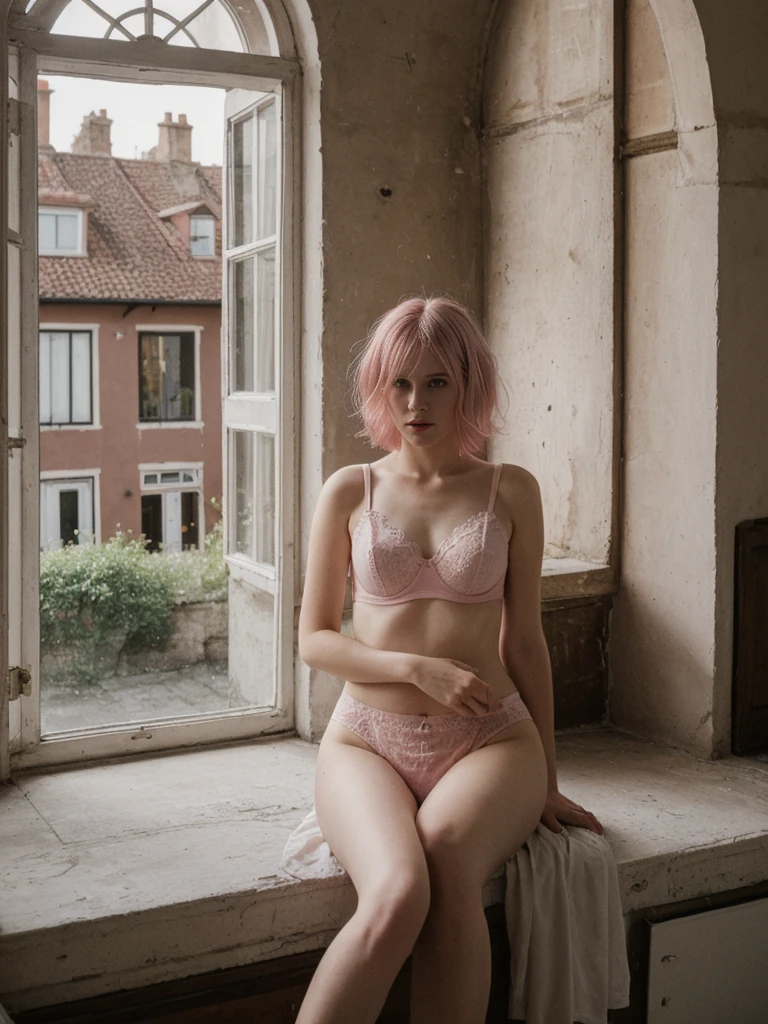 her name is Amelie, high quality, 1girl, ((25-year-old fit Caucasian woman)), ((25 years old)), ((BODY TYPE: HOURGLASS)), ((Grunge Bob pink hair)), smiling pose: sexy boudoir pose, wearing SOPHISTICATED courant lingerie bright colored, BACKGROUND: "A historic house with half-timbered walls, cozy interiors, and windows overlooking the charming streets."