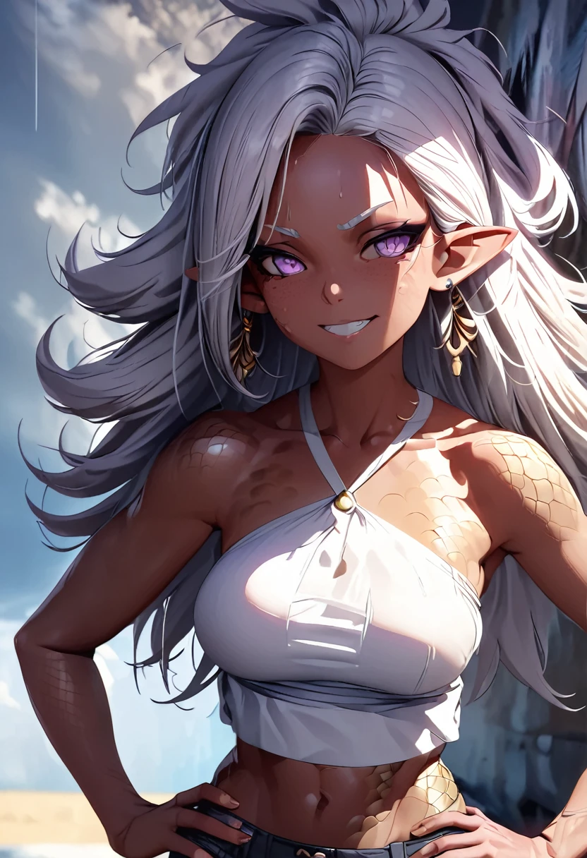 Dark-skinned tomboyish woman, black dragon horns on head, short Android 21 silver hair, violet eyes, long pointy ears, black scales on skin, gold jewelry, mischievous smile, white cropped halter top, dark blue jeans, black studded belts, jean chains, crossed arms, dark gradient background, detailed face, 1girl