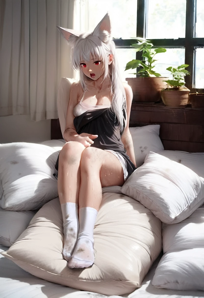 1 girl,dirty,foot,foot底,Red Eyes，breast,solitary,Long hair,White hair,,foot趾,foot部焦点,Looking at the audience,sit,Sweat,open mouth,dirty foot,Keep,indoor,Pillow,Bangs，White knee socks，Fox ears，There&#39;foot的泥土，，Uniforms，Japanese style，dirtyPillow，dirty床，女孩周围堆满Pillow，女孩踩踏着Pillow，大量Pillow，Pillow上肮脏，,(Deluxe Rococo Canopy King Bed),On a big and spacious bed,(),,,,Luxurious curtains with ornate ruffles and ribbons surround the bed,((((There are many pillows piled on the bed)))),Detail of Quilt,Detailed bed sheets,女孩踩在Pillow上，（详细的Pillow），Urine，Pillow上的液体