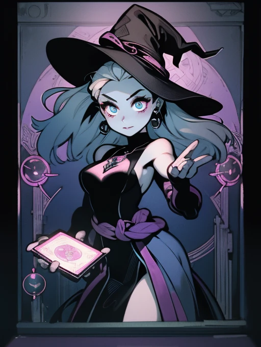 depicts a modern-day witch who has embraced the world of cybernetics to enhance her magical abilities. The artwork should convey the enchanting blend of traditional witchcraft and futuristic technology. Here are some specific elements to include: The Witch's Lair: The setting should be a cozy yet slightly eerie room, filled with magical books, crystal balls, potion ingredients, and antique furnishings. The room should be dimly lit by candles and a soft, mystical glow emanating from her cybernetic enhancements. The Cyborg Witch: The central focus of the artwork is the witch herself. She's a striking figure with a mix of traditional witch attire and cybernetic enhancements. Her clothing should have a witchy, occult aesthetic, with flowing robes, a pointed hat, and an intricate pentagram necklace. Her arms, however, have been upgraded with cybernetic components that incorporate magical symbols and glowing runes. Magical Interface: The witch is in the midst of casting a spell, with a holographic, touch-screen interface floating before her. This interface includes spell incantations, arcane symbols, and digital components, demonstrating her fusion of magic and technology. Spell Ingredients: On a nearby table, there should be a collection of spell ingredients, like herbs, potions, and magical artifacts. Some of these items may have been modified with cybernetic enhancements, blurring the line between the natural and the technological. Familiar: The witch's familiar, perhaps a cat or raven, should be present in the scene, serving as her magical companion. The familiar could also have subtle cybernetic enhancements or glowing eyes. Glowing Runes: The room should be adorned with ancient symbols and glowing runes on the walls and floor, contributing to the magical atmosphere. Aetherial Lighting: Use a combination of mystical, ethereal lighting and cybernetic glows to create a captivating interplay of light and shadow. The contrast between the tradit