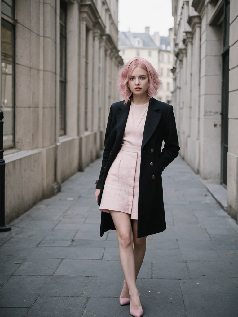 her name is Amelie, high quality, 1girl, ((25-year-old fit Caucasian woman)), ((25 years old)), ((BODY TYPE: HOURGLASS)), ((Grunge Bob pink hair)), pose: standing, wearing SOPHISTICATED courant Generation-Z modern wear bright colored, BACKGROUND: "Walking through the elegant Andrássy Avenue, with its grand buildings, luxury shops, and cultural landmarks."