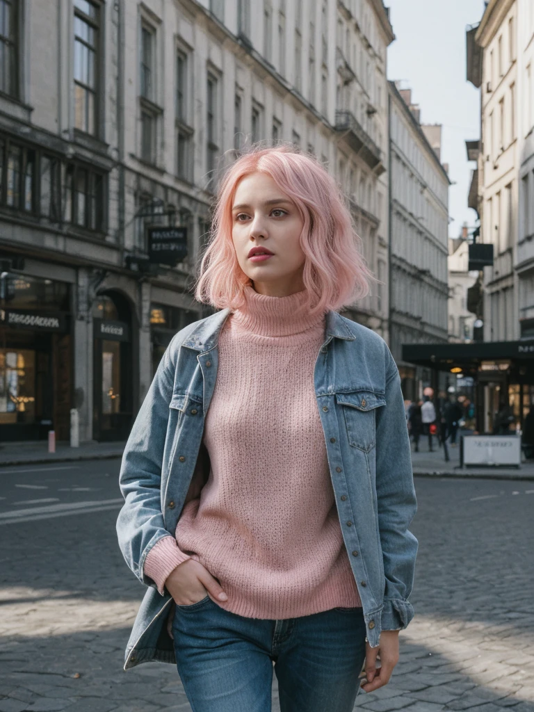 her name is Amelie, high quality, 1girl, ((25-year-old fit Caucasian woman)), ((25 years old)), ((BODY TYPE: HOURGLASS)), ((Grunge Bob pink hair)), pose: standing, wearing SOPHISTICATED courant Generation-Z modern wear bright colored, BACKGROUND: "Walking through the elegant Andrássy Avenue, with its grand buildings, luxury shops, and cultural landmarks."