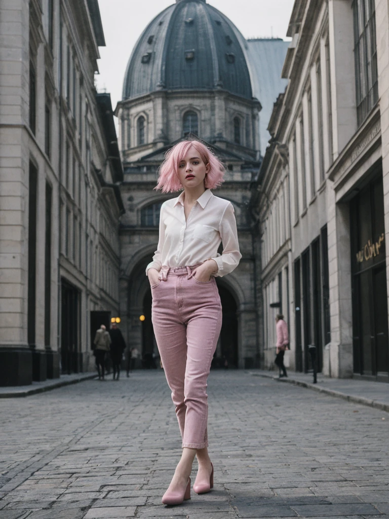 her name is Amelie, high quality, 1girl, ((25-year-old fit Caucasian woman)), ((25 years old)), ((BODY TYPE: HOURGLASS)), ((Grunge Bob pink hair)), pose: standing, wearing SOPHISTICATED courant Generation-Z modern wear bright colored, BACKGROUND: "Walking through the elegant Andrássy Avenue, with its grand buildings, luxury shops, and cultural landmarks."