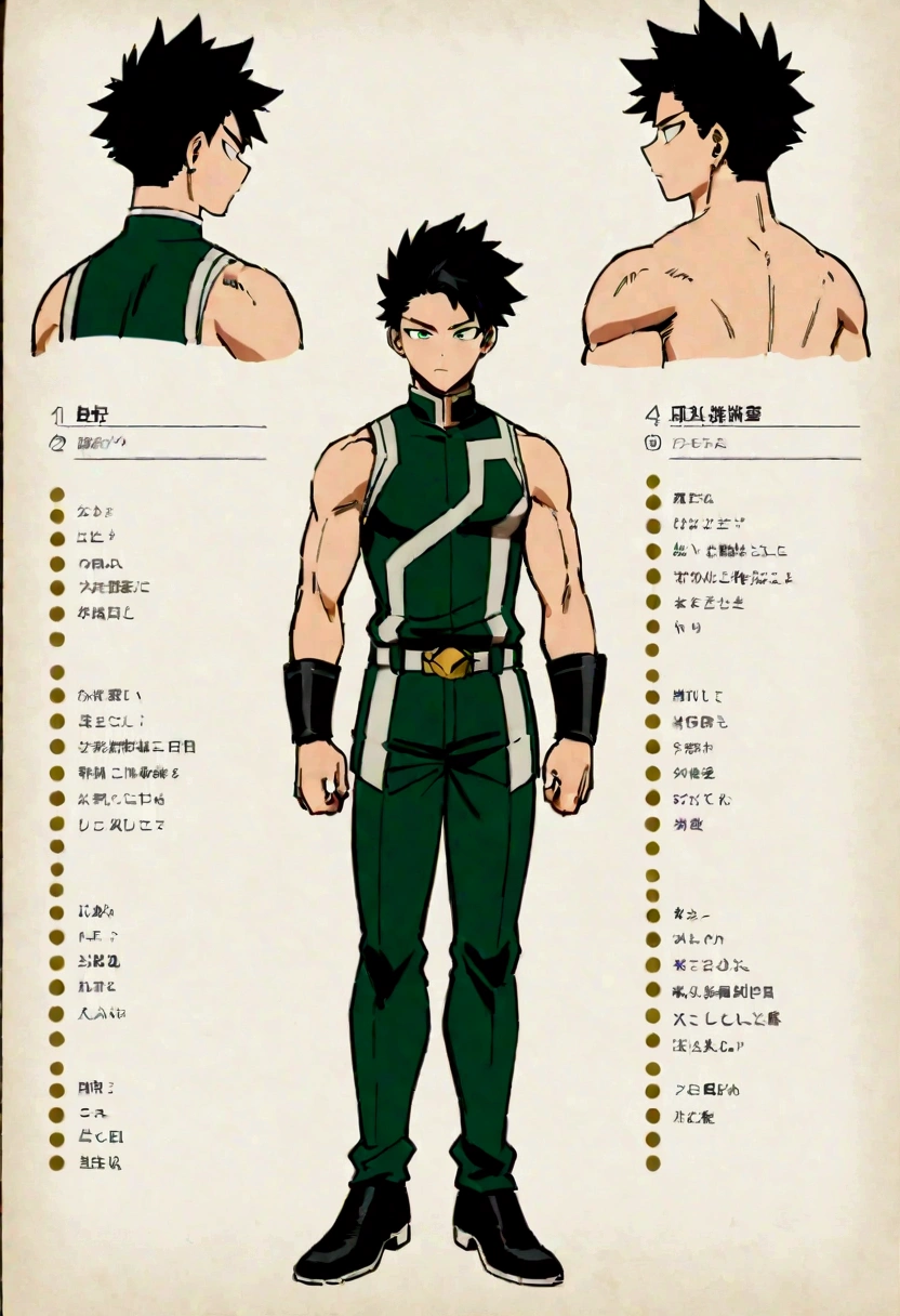 Caracter sheet, (front and back angle ) He is a , He has slightly disheveled very black hair..., somewhat light green eyes, , muscular body , sexy face, He is dressed in the anime male uniform "my hero academia"