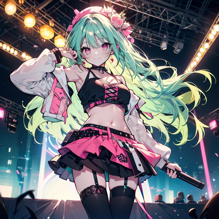 1 girl、mature、Ample breasts、Long Hair、Mint green hair、Pink Eyes、Punk Costume、Idol、Shoulder Bare、Tube top、Belly button、choker、mini skirt、Ripped black knee-highs、Night view、live、stage、Hold the microphone、smile、High resolution、Highest quality