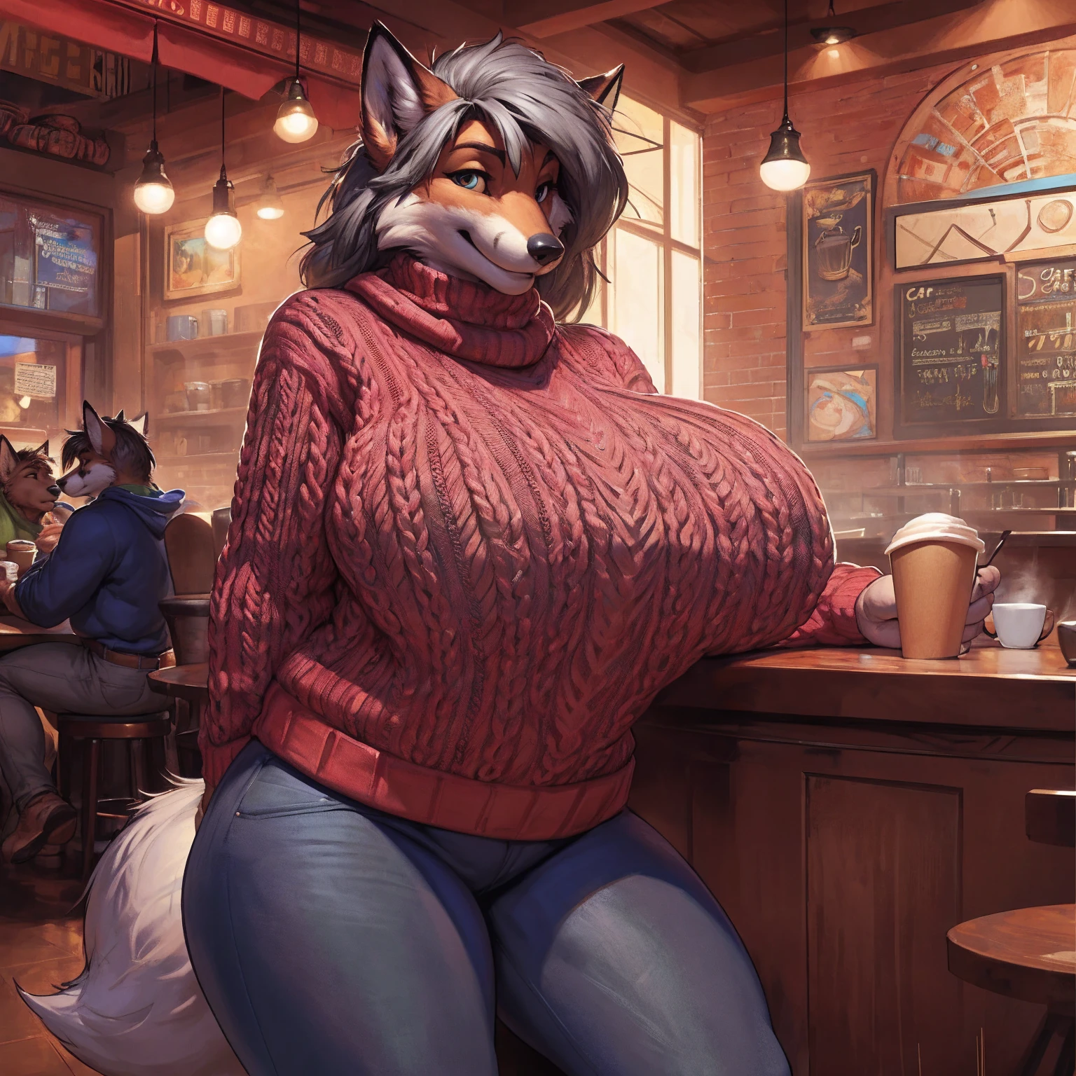  high resolution, (masterpiece: 1.4), (60 years old fox woman),gilf, gray hair, high detail eyes,(sweater and jeans:1.2),(cafe:1.2),detailed backround, (huge breasts), nipple outline, full body, by darkgem, by meesh,