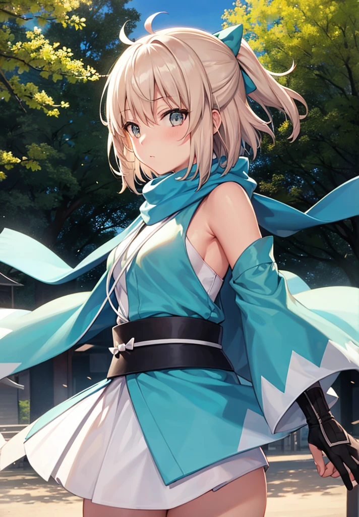 Best Quality, 1 girl, alone, okita_souji, white kimono, scarf, cowboy photography, outdoor, bare shoulders, bare shoulders, sleeveless, looking at the viewer,