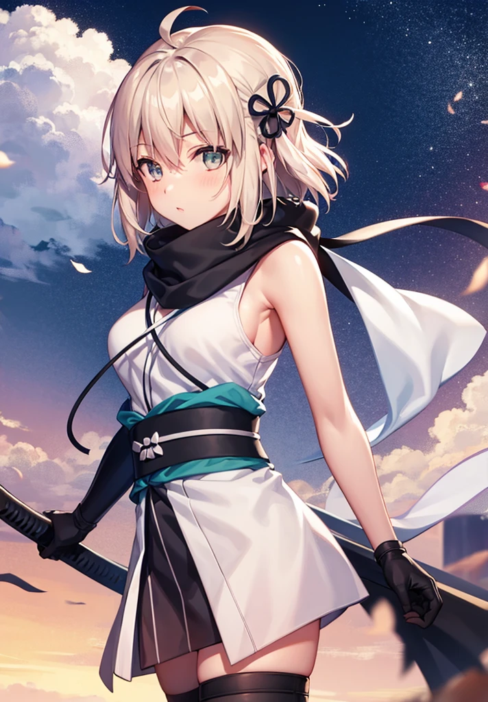 Best Quality, 1 girl, alone, okita_souji, white kimono, scarf, cowboy photography, outdoor, bare shoulders, bare shoulders, sleeveless, looking at the viewer,