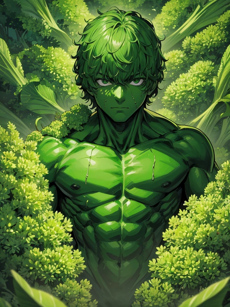 A man wrapped entirely in green broccoli,Skin color is green,Broccoli growing from head,The face is green,American comic style,(Image of 1 person),