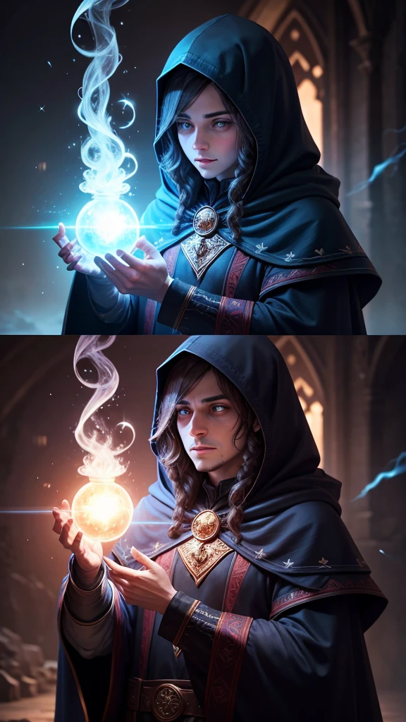 wizard couple, magic all around, both with hood, darkness background, faces not visible