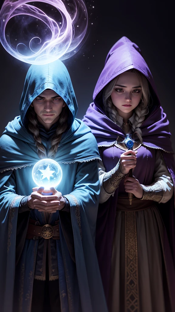 wizard couple, magic all around, both with hood, darkness background, faces not visible
