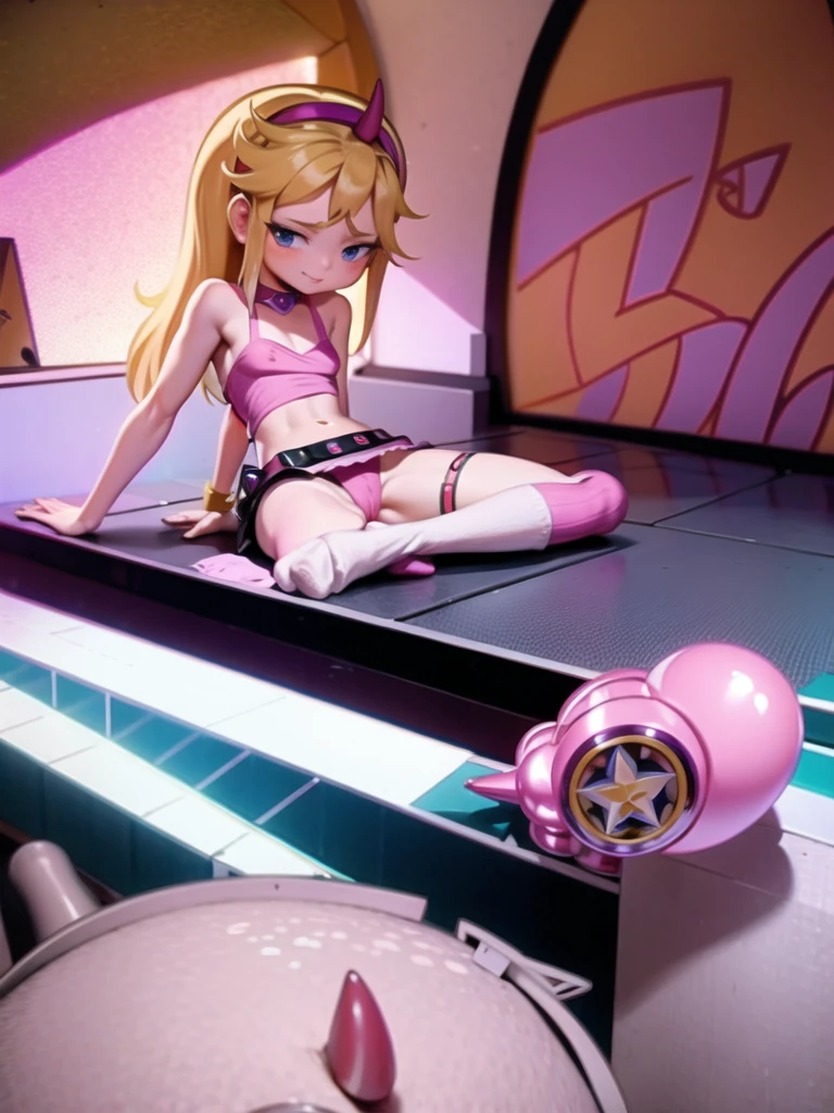 NSFW, 1 girl, star butterfly, horn hairband, lovehotel room background, pink longsocks, pink garterbelt, sitting at bed