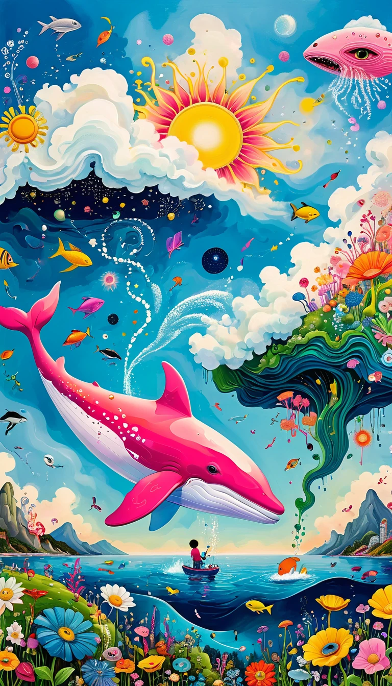 Children's graffiti,Thick coating，Concave and convex texture，Oil pastel strokes：Artists from the stars，Child，Flying Whale:1.37、Eruption Cloud、flowesh、章fish触手瀑布。、bird、(((Eye)))、diatom，Abstract mosaic painting，Describing the inner world of autistic people，Large area of white，interesting，Innocence，Vision，Psychedelic Art，
