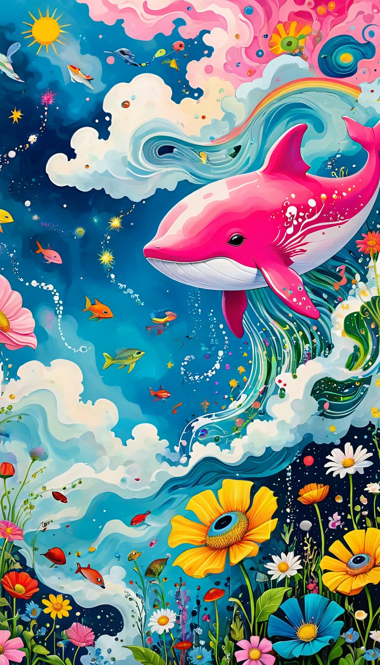 Children's graffiti,Artists from the stars,Child,joy, Flying tow pink Whale:1.37、Eruption Cloud、sky、flowesh、章fish触手瀑布。、bird、Eye、diatom,Abstract mosaic painting,Describing the inner world of autistic people,Large area of white,interesting,Innocence,Vision,Psychedelic Art,