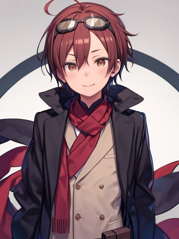 One Boy、short hair、Straight Hair、Flat Hair、((put goggles on your head))、Brown Hair、Brown eyes、Three scarves around the neck、red Orange White scarf、redいコート、A coat fastened with three belts、Smiling、redいリプセータ、Long sleeve、Shorts、Upper Body、Forehead、Ahoge、