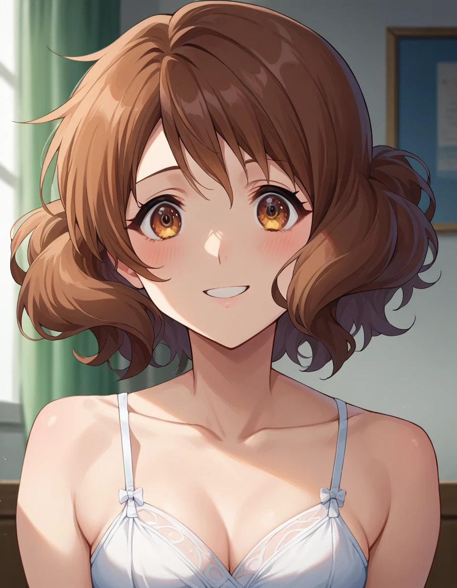 Highest quality, High resolution, masterpiece, (Beautiful Eyes), (Fine grain), Detailed face, kumiko oumae, Brown eyes, Brown Hair, short hair, Wavy Hair, smile, blush, indoor, bedroom, whiteいベッド, Looking back at the audience, (Arms behind head:1.5), (Wide pelvis:1.5), (white_bra:1.5), Upper Body, (From below), nsfw