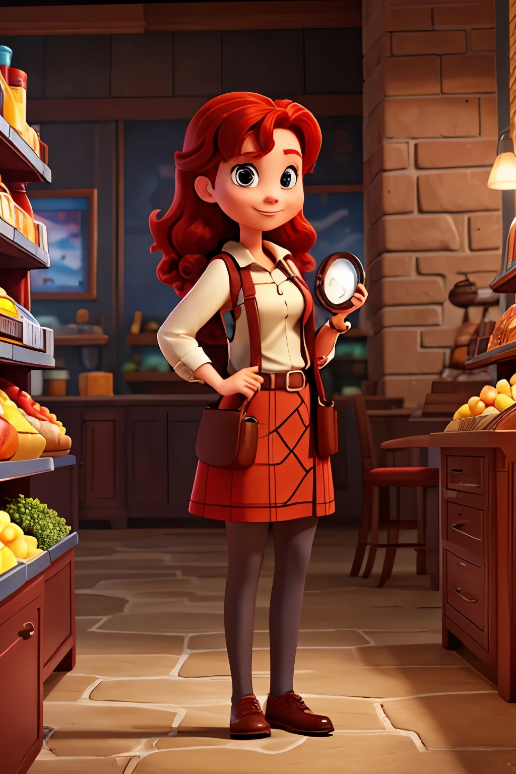 Red-haired woman with a large magnifying glass in her hand in a Disney Pixar style super market 