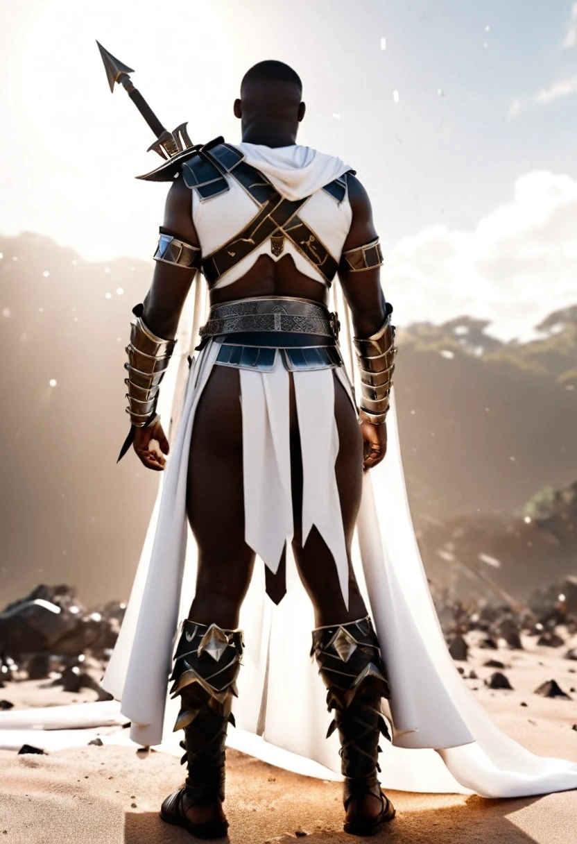 Backside view shot of a black man with African designed warrior armour with his sword in it's sheath and white Cape looking at a sky full of arrows aiming towards him, arrows falling from the sky towards him while some are seen on the ground pierced through, sun shining a cinematic white light in the scene providing a beautiful epic look.