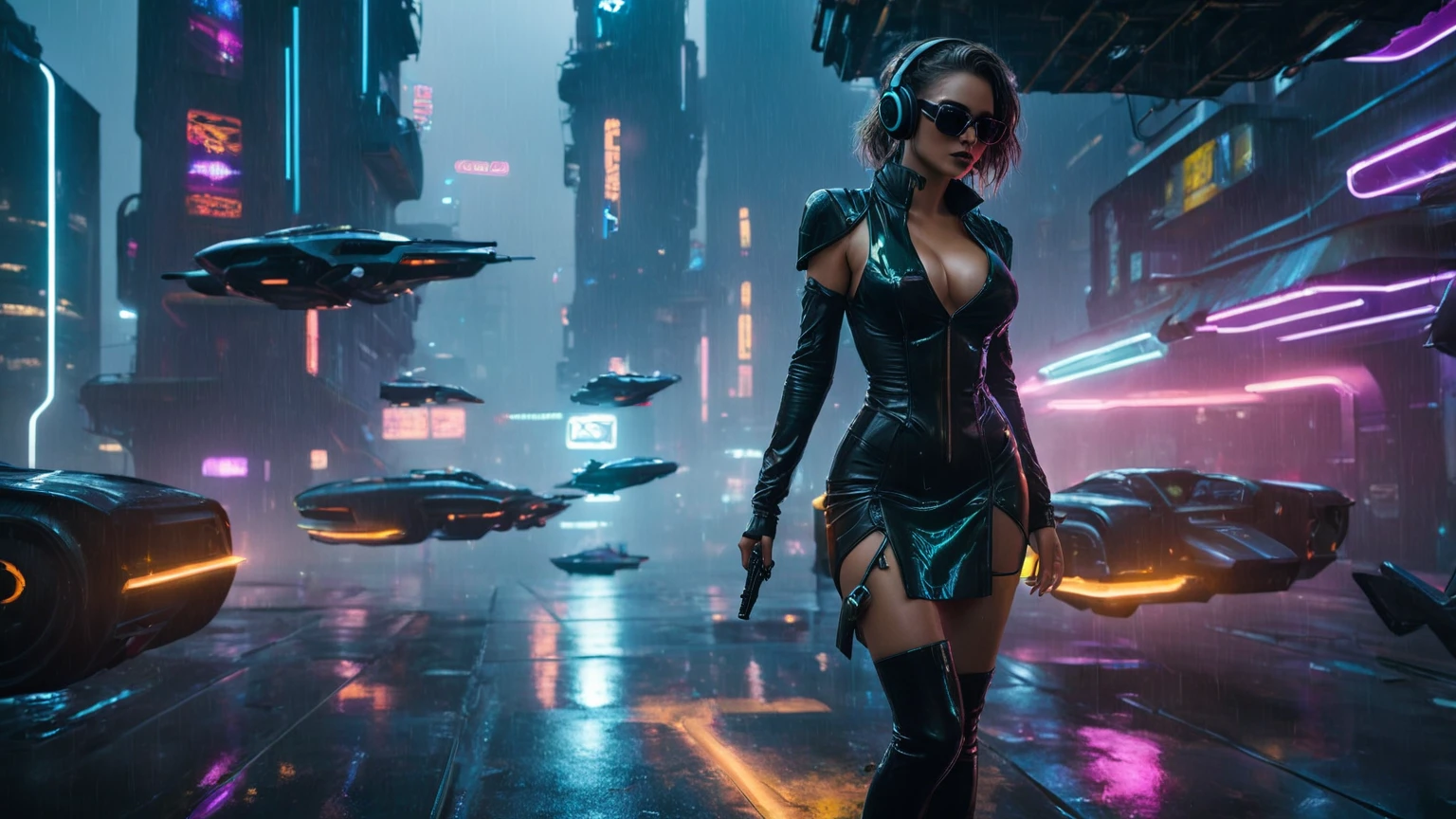(aerial view, a flying cars docking platform, a very dark abandoned futuristic city, neon lights), rainy night. 1girl, solo, alone, large-breast:1.2 slim body, cleavage:1.1, sexy wind blowing wet dress:1.4, (headphone, black sunglasses), (((she raised a pistol:1.8 and took aim))), dynamic pose, (((half-body thigh level medium shot))), cinematic lighting, lens flare, ray tracing.