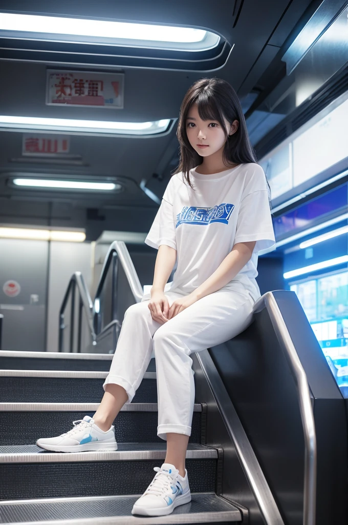 This image contains、The scene shows a beautiful Japanese girl sitting in the middle of an escalator.。The background is a futuristic urban shopping mall with shining neon lights.、The blue light illuminates the whole、It gives off a cool and stylish vibe.。

The characteristics of a beautiful girl are、Natural wavy hair、The facial expression is cool and relaxed.。Her outfit was casual, consisting of a white T-shirt and white pants.、Emphasis on mobility and cleanliness。With thin fabric、Designed to give a softer look to the body lines。

As for posing、Sitting on the steps of an escalator、Relaxed posture with hands on knees。The gaze is directed towards the camera、The strong gaze is impressive。

As a photographic technique、By using symmetry to place her in the center of the escalator、It maintains visual balance。Using the reflection of neon lights、Enhances the contrast between light and shadow。Due to the vertical screen composition、The height of the escalators and the urban feel of the background are emphasized.、You can feel the depth。This image is ultra-realistic live-action.、A life that feels like a snapshot of reality々Have a。