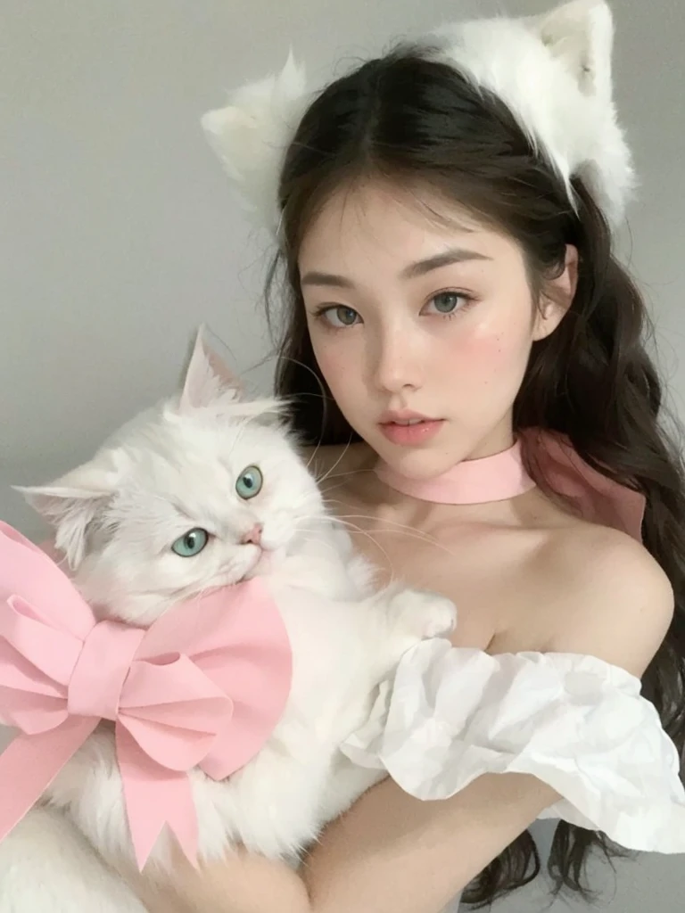 Brunette girl holding a white cat