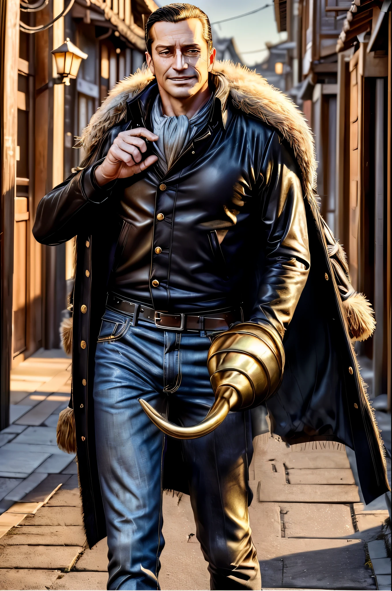 masterpiece, best quality, extremely detailed, hyperrealistic, photorealistic, a cool 40s man, ultra detailed face:1.2, fur-trimmed coat, scarf around the neck, his left hand is a golden pirate hook:1.1