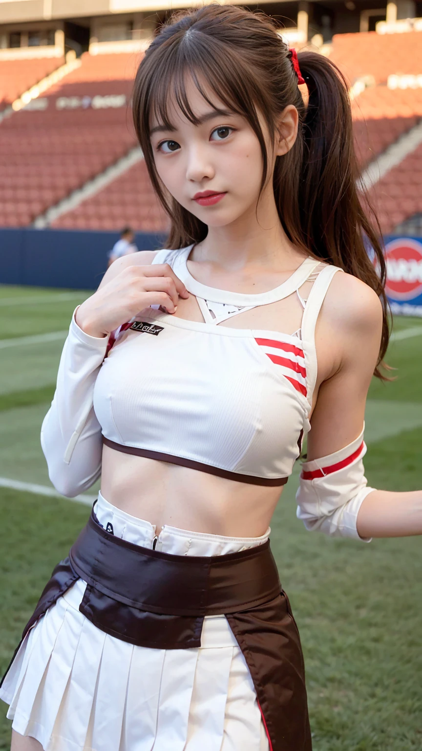 ((very tight:1.2) Cheerleaders using red, white, and dark blue. A top with triangular patterns on both the front and back, and a red long-sleeved inner. Pleated skirt with 5 tape lines at the hem:1.5)), (latex:1.2), sun, (toyota stadium:1.4), (from behind:1.5), blush, smile/blush, (light smile:1.5), (dynamic pose:1.3), (cowboy shot:1.3), sun, 1 girl,  (18 years old:1.5), (large breasts:1), (narrow waist:1.8), (brown medium long hair:1.3), (high ponytail:0), (bangs:1.2), (skinny:1.5), (8k, RAW photo:1.2),detailed face and eyes,best quality,highly detailed ,intricate detail ,masterpiece ,cute girl ,intricate detail, hyperdetail,sharp focus