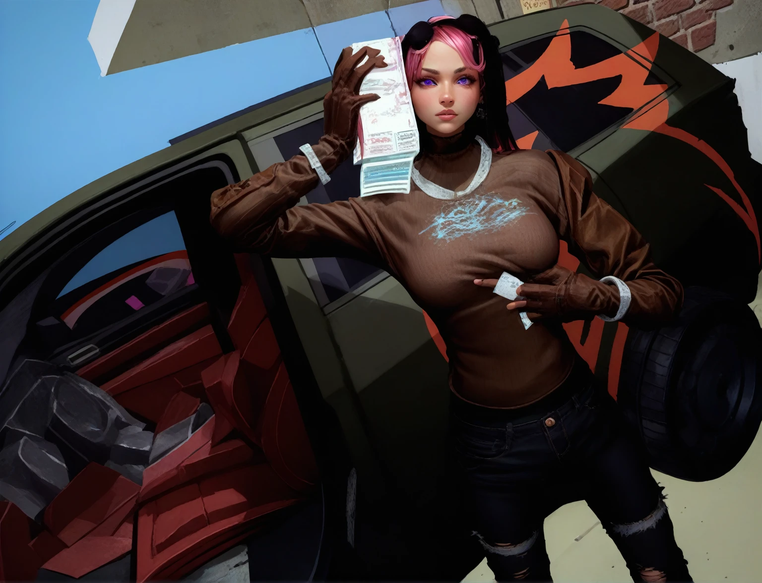 score_9, score_8_up, score_7_up, detailed, 1girl, solo, intricate details, chromatic aberration, realistic, long hair, pink hair, red head ornament, pink highlights, hair over one eye, purple eyes, earrings, sharp eyes, choker, neon shirt, torn legwear, open jacket, turtleneck sweater, night,against wall, brick wall, graffiti, dim lighting, alley, looking at viewer