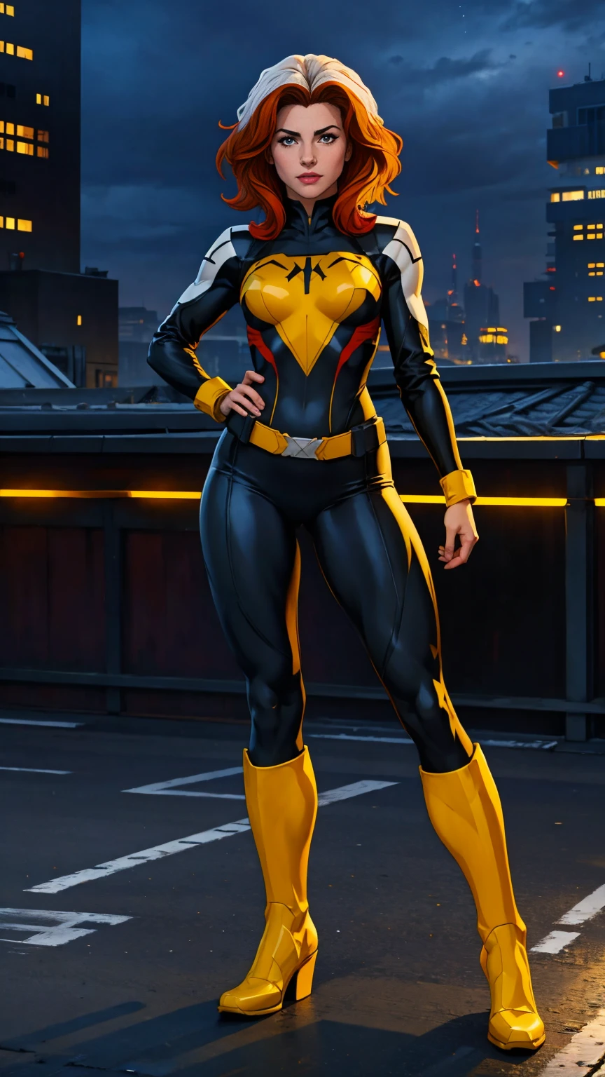 ((Full body photo, standing, feet on the ground)) (best quality, 4k, 8k, high resolution, masterpiece: 1,2), ultra-detailed, fishnet tights, (realistic, photorealistic, photorealistic: 1, 37), full body photo, Rogue, X-Men, yellow high boots, beauty pose, standing, show feet, outside, city roof at night, orange, black and white uniform

