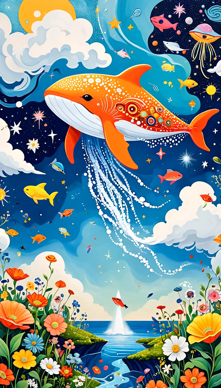 Children's graffiti,Thick coating，Concave and convex texture，Oil pastel strokes：Artists from the stars，Child，Flying Whale:1.37、Eruption Cloud、flowesh、章fish触手瀑布。、bird、(((Eye)))、diatom，Abstract mosaic painting，Describing the inner world of autistic people，Large area of white，interesting，Innocence，Vision，Psychedelic Art，
