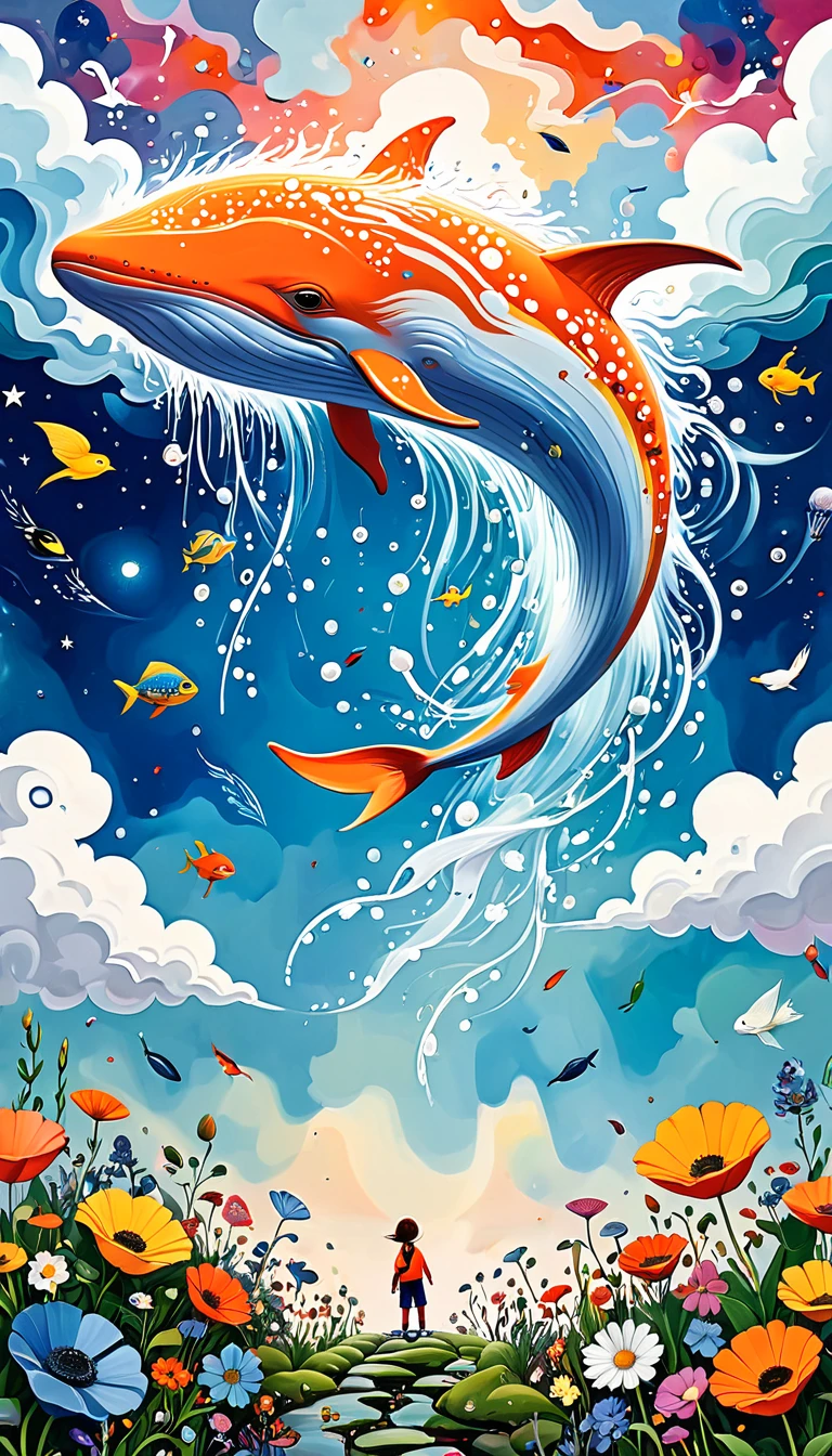 Children's graffiti,Thick coating，Concave and convex texture，Oil pastel strokes：Artists from the stars，Child，Flying Whale:1.37、Eruption Cloud、flowesh、章fish触手瀑布。、bird、(((Eye)))、diatom，Abstract mosaic painting，Describing the inner world of autistic people，Large area of white，interesting，Innocence，Vision，Psychedelic Art，
