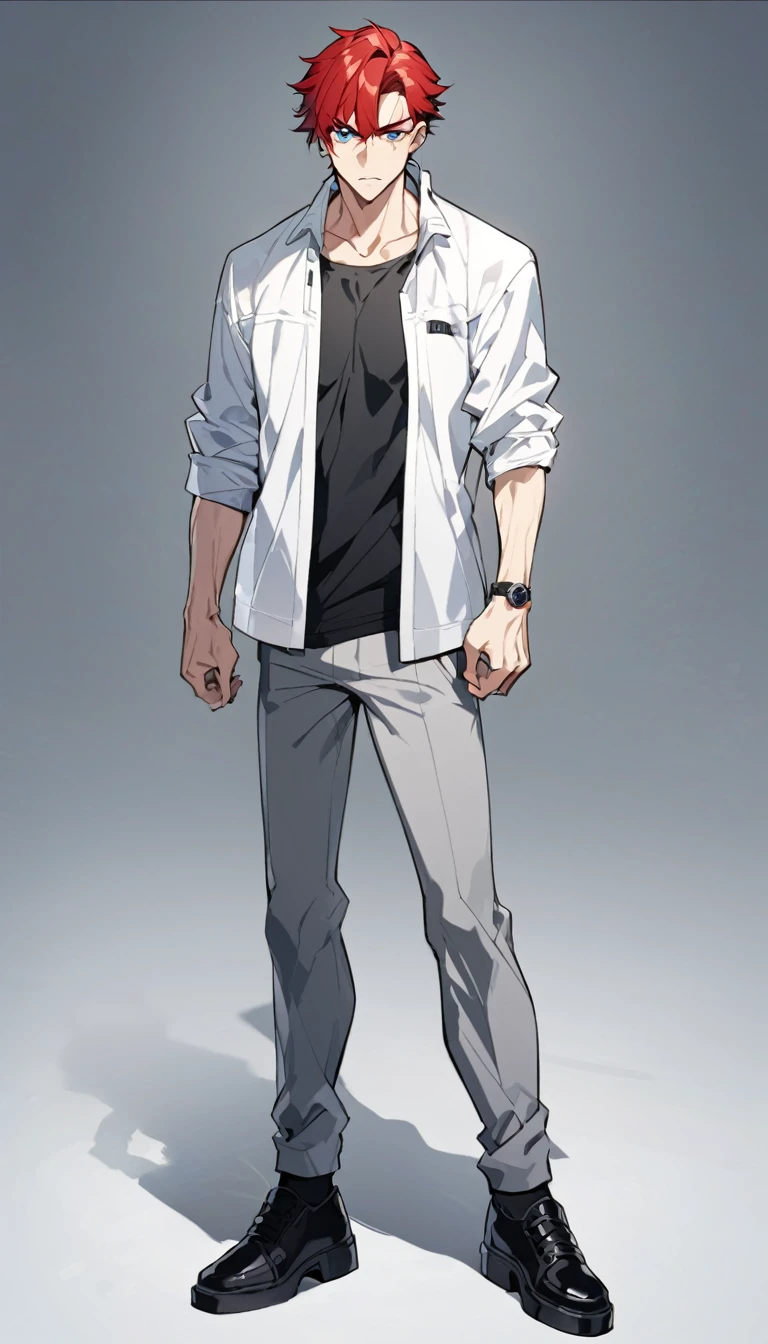A anime man, short red hair, blue eyes, white jacket, black t-shirt, gray pants, intimidate expression, black shoes, thin body, adult, standing, full body, slightly muscular body