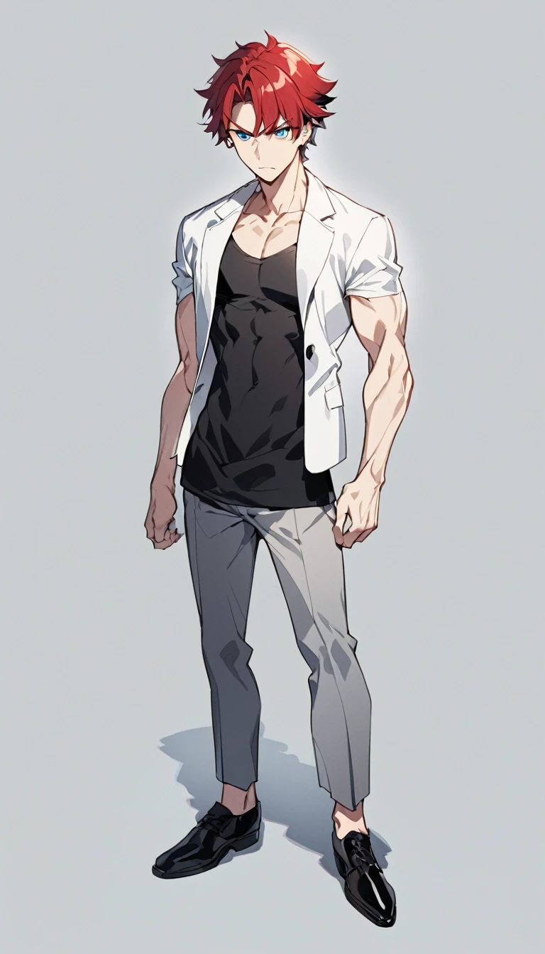 A anime man, short red hair, blue eyes, white jacket, black t-shirt, gray pants, intimidate expression, black shoes, thin body, adult, standing, full body, slightly muscular body