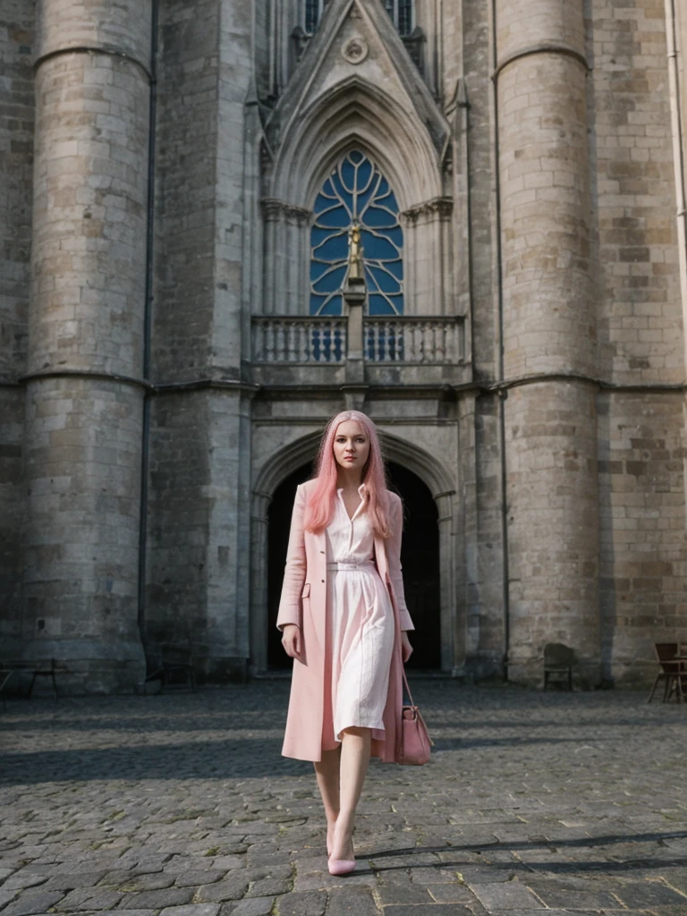 her name is Amelie, high quality, 1girl, ((25-year-old fit Caucasian woman)), ((25 years old)), ((BODY TYPE: HOURGLASS)), ((long pink hair)), pose: standing, wearing SOPHISTICATED courant Generation-Z modern wear bright colored, BACKGROUND:  "Exploring the historic Sablon district at night, with its elegant buildings, antique shops, and beautiful church illuminated."