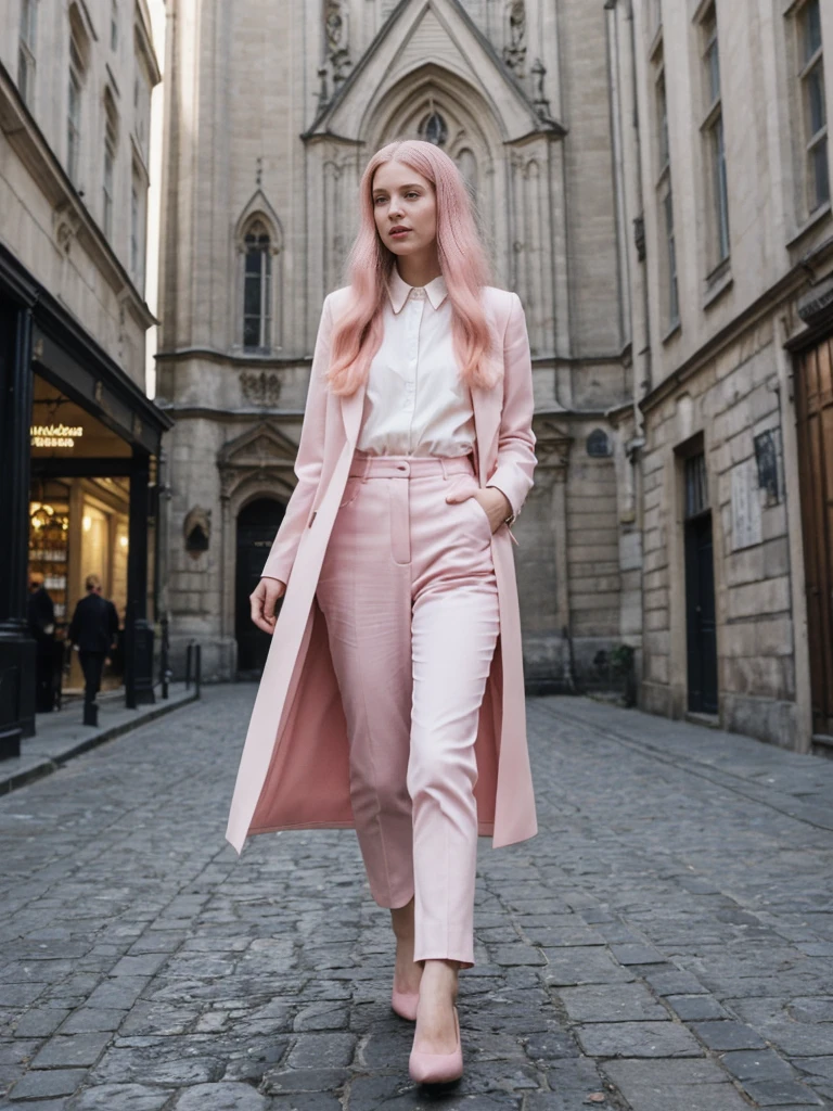 her name is Amelie, high quality, 1girl, ((25-year-old fit Caucasian woman)), ((25 years old)), ((BODY TYPE: HOURGLASS)), ((long pink hair)), pose: standing, wearing SOPHISTICATED courant Generation-Z modern wear bright colored, BACKGROUND: "Exploring the historic Sablon district at night, with its elegant buildings, antique shops, and beautiful church illuminated."
